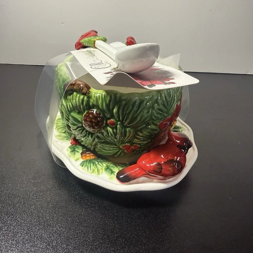 Corner Ruby Teacup Holiday Cardinal Collection 3Pc  Saucer &‎ Cardinal Spoon